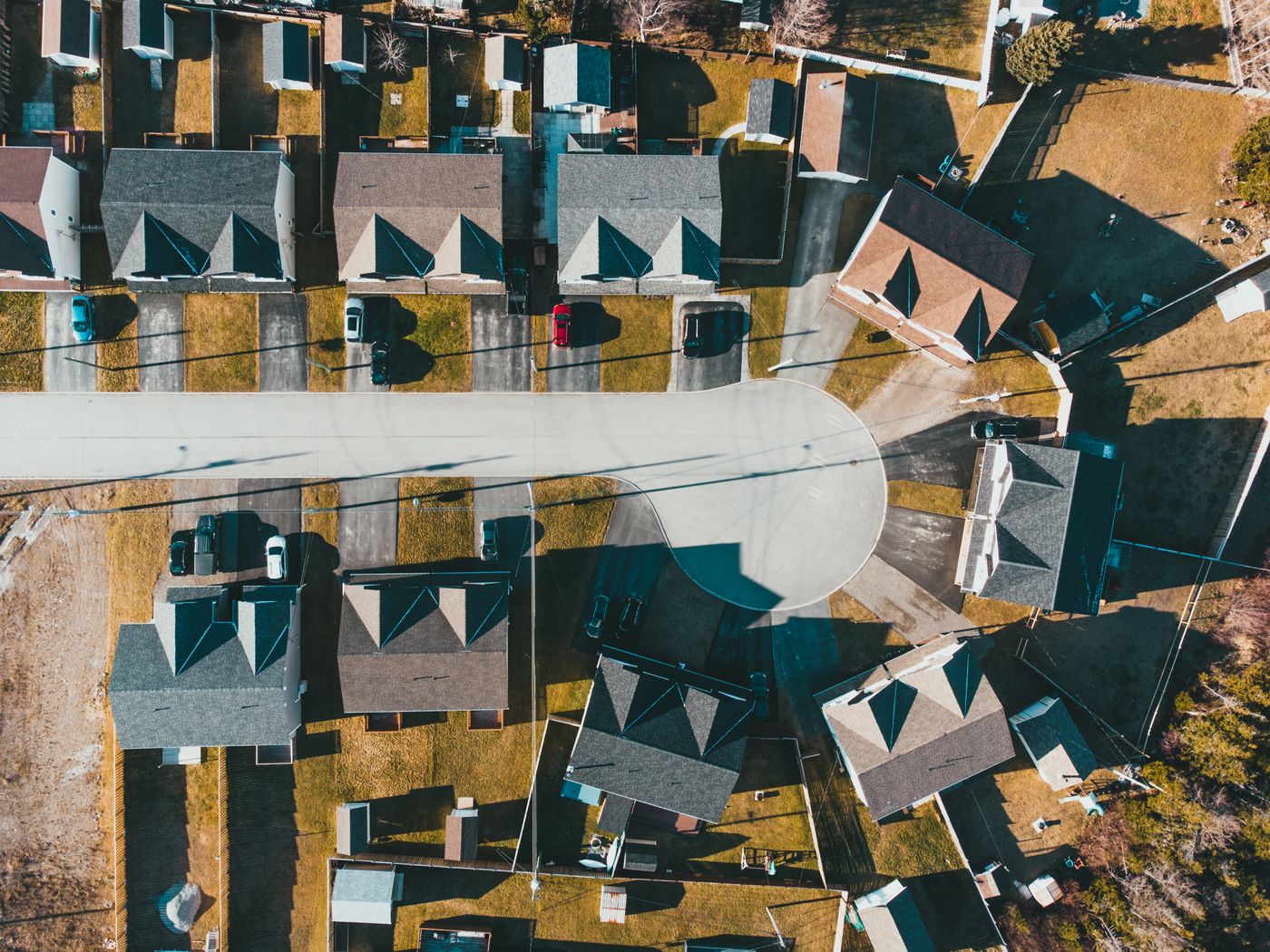 Aerial view of a residential neighborhood and cul-de-sac.